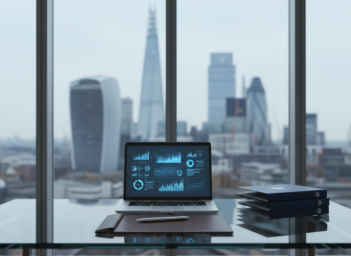 A sleek, glass-topped consulting desk with a slim silver laptop open to an analytics dashboard, a neat stack of navy-blue branded folders, and a single chrome pen aligned precisely on a leather pad. The desk sits in front of a floor-to-ceiling window overlooking a softly blurred modern UK city skyline with subtle landmarks. Cool, diffused daylight illuminates the scene, creating crisp reflections on the glass surface and gentle shadows along the edges. Photographic realism from an eye-level angle, with a shallow depth of field that keeps the workspace in sharp focus. The mood is professional, calm, and decisive, conveying strategic clarity and high-end business consulting in a clean, modern aesthetic.