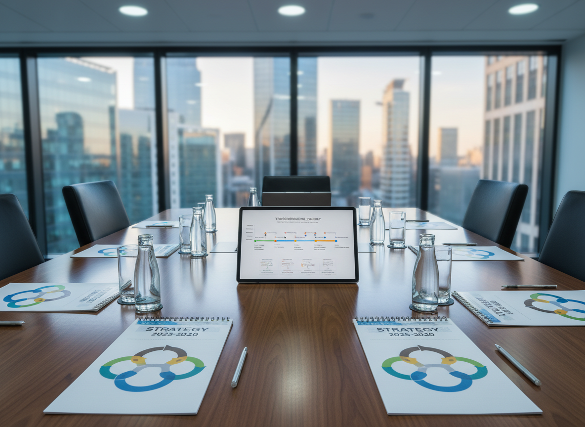 A polished walnut conference table arranged for a strategic planning session, with neatly spaced printed roadmaps, color-coded process diagrams, and a digital tablet displaying a clear transformation timeline. Small glass water carafes and minimalist metal notepads add subtle detail. The room features a panoramic view of a contemporary UK business district, softly out of focus. Cool white ceiling lights combine with late-afternoon natural light, creating balanced, even illumination and subtle reflections in the tabletop. Shot from a slightly elevated angle with strong depth of field across the table. The atmosphere is focused and collaborative, emphasizing structure, foresight, and professional consulting in a photographic, clean, and modern style.