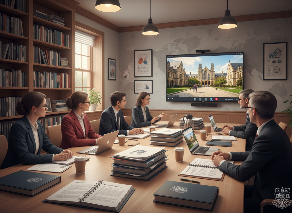 An academic-focused scene showing administrators and faculty from two overseas universities collaborating on curriculum and quality standards: a hybrid meeting room with a large screen displaying another campus abroad, accreditation documents and academic reports on the table, visible elements like course outlines, grading rubrics, and accreditation checklists, subtle world map in the background, clearly an educational environment (campus branding, academic posters, bookshelves) rather than corporate business, diverse participants, modern but warm and scholarly atmosphere.