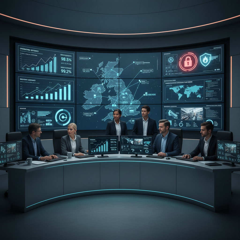 A UK corporate operations control room showing a diverse team monitoring digital dashboards with KPIs, cybersecurity alerts, and supply chain logistics maps. Screens display warehouse icons, delivery routes across the UK, and security shields or padlock symbols. The environment should look like a modern operations or security center, with clear visual references to digital security (firewall icons, threat alerts) and supply chain management (trucks, containers, inventory charts). Style: clean, professional, modern corporate photography, muted blues and greys with subtle accent colors, no visible branding or logos.