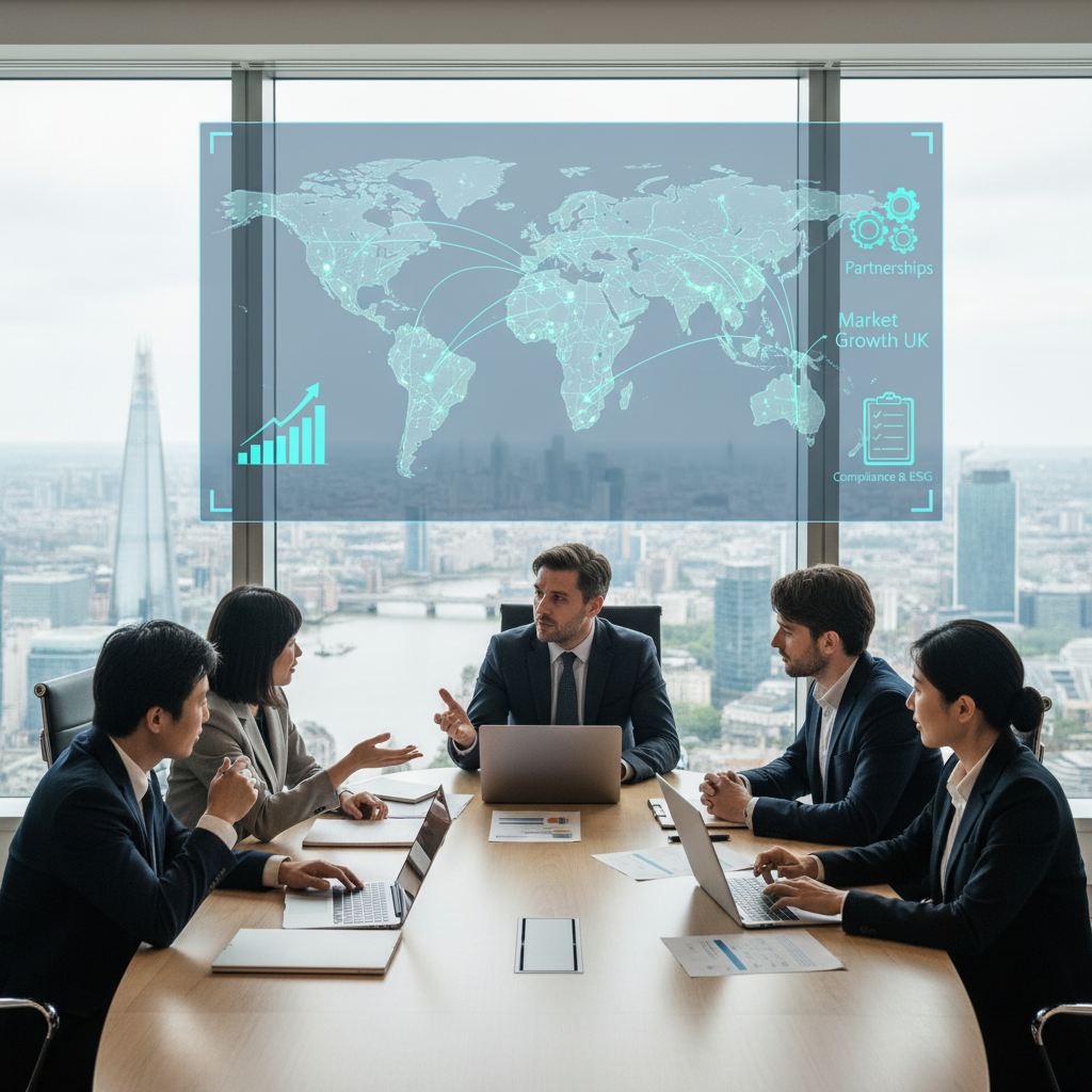 A diverse group of international entrepreneurs in a modern London office overlooking recognizable but unbranded UK city skyline elements, collaborating around a table with laptops and documents. On a large screen, a digital map shows trade routes and connection lines from various countries into the UK, along with icons representing partnerships, market growth charts, and compliance checklists. Visual emphasis on partnership, market entry strategy, and sustainable business growth in the UK, with a clean, professional, and contemporary style and no visible corporate logos.