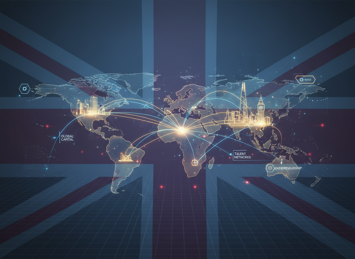 A sophisticated, modern image representing international market entry and global business WITHOUT any people or silhouettes. Focus on an abstract world map with connecting lines, subtle references to British excellence such as hints of the London skyline or Union Jack-inspired colors, and visual motifs of global capital, talent networks, and entrepreneurship. Clean, professional, corporate style.